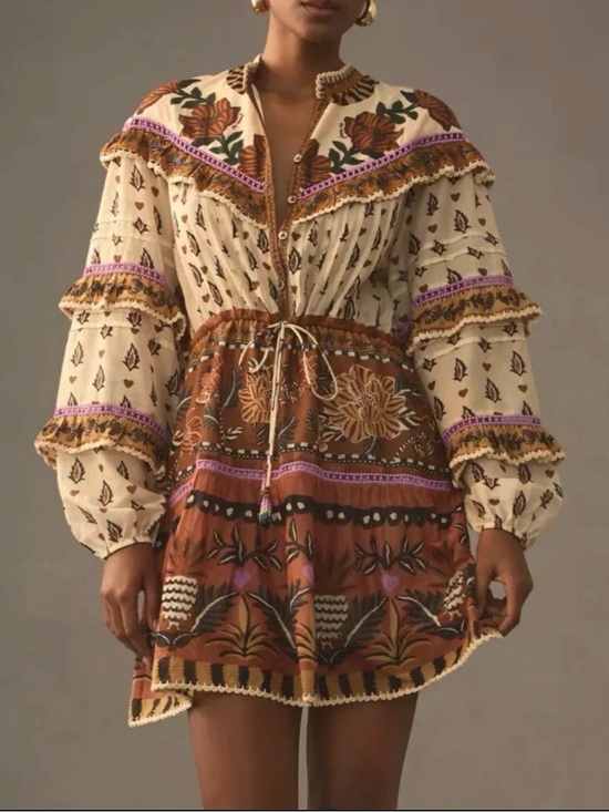 FARM Rio Dresses & Skirts - FARM Rio Cream and Brown Floral Tiered Mini Dress with Purple Accents